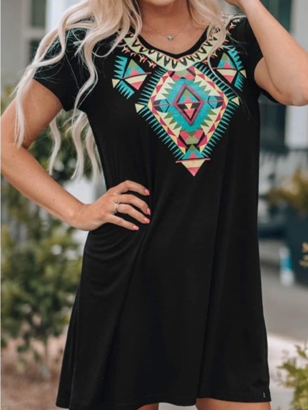 Black Short Sleeve Tunic Top with Aztec Print